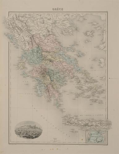 &quot;GRECE. /ATHENES&quot;. Χάρτης της Ελλάδας με άποψη της πόλεως των Αθηνών. Ασπρόμαυρη χαλκογραφία με επιχρωματίσεις, Ch. Lacoste, Barbier,  L. Smith., Lecocq, Fillatreau, Α. Bizet, Migeon, Παρίσι.