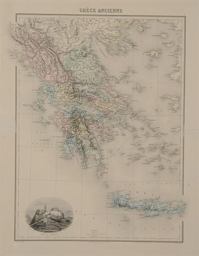 &quot;GRECE ANCIENNE / ACROPOLE D&#039; ATHENES&quot;. Χάρτης της Αρχαίας Ελλάδας με άποψη της Ακρόπολης των Αθηνών από τα δυτικά. Ασπρόμαυρη χαλκογραφία με επιχρωματίσεις, Ch. Lacoste, Barbier, L. Smith, Fillatreau, Α. Bizet, Migeon, Παρίσι.