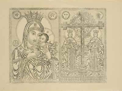 Η Παναγία η Γλυκοφιλούσα. Δεξιά ο αυτοκράτορας Κωνσταντίνος και η μητέρα του Ελένη, που κρατούν τον Τίμιο Σταυρό. Χαλκογραφία, Άγιο Όρος, [μέσα 19ου αιώνα].