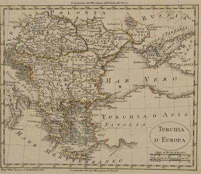 &quot;TURCHIA D &#039;EUROPA&quot;. Map of Greece and other European provinces of the Ottoman Empire. Black and white copper engraving with overlay of colour, Barbiellini.