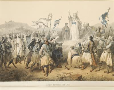 &quot;SERMENT PATRIOTIQUE DES GRECS&quot;. The patriotic oath of Greeks at the beginning of the Greek War of Independence. Handpainted lithograph by R. Bettannier and Morton from a homonymous painting by Alp. De Neuville. Paris.