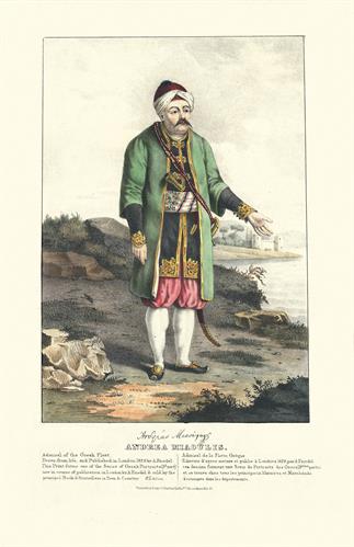 Andreas Miaoulis, admiral of the Greek fleet during the Greek War of Independence. Handpainted lithograph by Adam Friedel from the album &quot;The Greeks. Twenty four portraits of the principal leaders and personages who have made themselves most conspicuous i