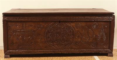 Wooden chest baring woodcut decoration (symbols of Philiki Etairia and others appearing on Theodoros Kolokotronis seal)