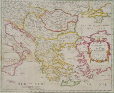 &quot;ESTATS de L &#039;EMPIRE des TURQS en EUROPE et Pays circomvoisins entre lesquels sont HONGRIE, TRANSILVANIE, VALAQUIE, MOLDAVIE, PETITE TARTARIE C. Suiets, ou tributaires des Turqs&quot;. Map of Greece and other European provinces of the Ottoman Empire. Black and