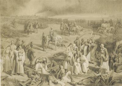 Η καταστροφή του Μεσολογγίου και το στρατόπεδο του Ιμπραήμ. Λιθογραφία.