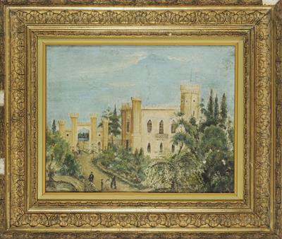 The &quot;tower&quot; mansion of Queen Amalia at Agioi Anargyroi, Attica. Oil painting on canvas, by unknown, end of 19th century.