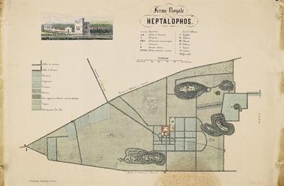 &quot;Pyrgos Vasilissis&quot;, (Queen Amalia&#039;s tower) in Eptalofo, Attica. Topographical plan of the estate. In the top left corner perspective view of the building.