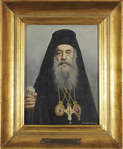 Προσωπογραφία του Σπυρίδωνος Βλάχου (1873/4-1956), Αρχιεπισκόπου Αθηνών και πάσης Ελλάδος (1949-1956), ελαιογραφία σε μουσαμά του Δ. Βασιλείου.