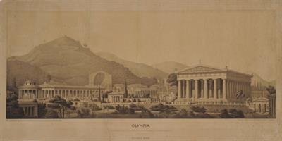 &quot;OLYMPIA NACH DEN RESULTATEN DER DEUTSCHEN AUSGRABUNGEN&quot;. Αναπαράσταση της Αρχαίας Ολυμπίας σύμφωνα με τις Γερμανικές αρχαιολογικές ανασκαφές. Χαρακτικό του Richard Bohn, 1882.
