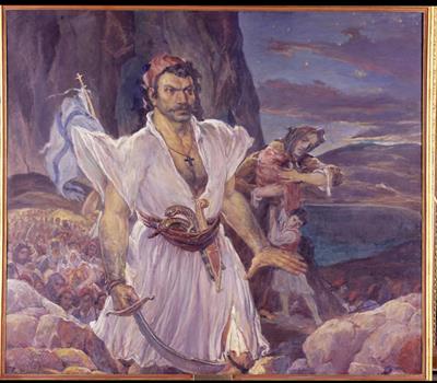 Σκηνή από την Έξοδο του Μεσολογγίου, ελαιογραφία σε μουσαμά του Ανδρέα Γεωργιάδη, 1968.