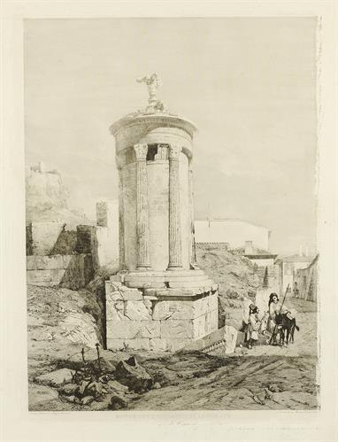 &quot;MONUMENTO CORIAGICO DI LISICRATE&quot;. Το χορηγικό μνημείο του Λυσικράτη (335/4 π.Χ.), γνωστό και ως Φανάρι του Διογένους, στο ανατολικό κλίτος της Ακρόπολης. Χαλκογραφία του Ιταλού σχεδιαστή και ζωγράφου Andrea Gasparini, Ρὠμη, 1843.
