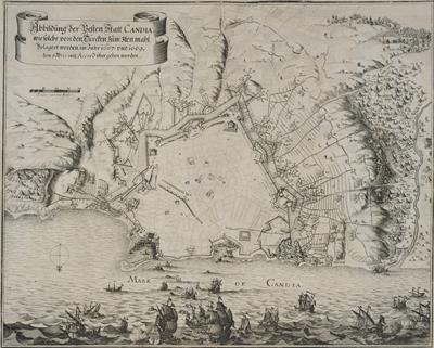 &quot;Abbildung der Besten Statt CANDIA WIESOLCHE VON DEN Turcten zum [.]ten mahl Belagert worden im jahr 1667 und 1669, den Ibris mit Accord uber geben worden&quot;. Άποψη της πόλης του Ηρακλείου με την πολιορκία κατά τον Βενετοτουρκικό πόλεμο. Ασπρόμαυρη χαλκογρα