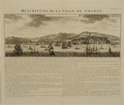 &quot;DESCRIPTION DE LA VILLE DE SMYRNE&quot;. Άποψη της πόλης της Σμύρνης. Ασπρόμαυρη χαλκογραφία.