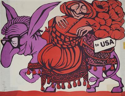 &quot;to USA&quot; (προς ΗΠΑ). Σατιρική Αφίσα που σχολιάζει την τουρκική εισβολή στην Κύπρο και την αμερικανική πολιτική.