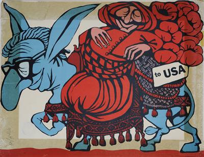 &quot;to USA&quot; (προς ΗΠΑ). Σατιρική Αφίσα που σχολιάζει την τουρκική εισβολή στην Κύπρο και την αμερικανική πολιτική.