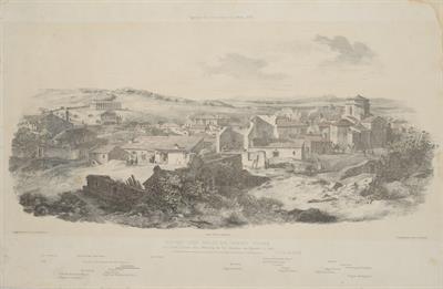 &quot;Ansicht eines Theilles des Inneren Athens von House Boccari...&quot;. Άποψη της Αθήνας το 1835 από την οικία Boccari. Διακρίνονται η εκκλησία των Αγίων Ασωμάτων και η Αγία τριάδα. Λιθογραφία. Βινιέτα από το λεύκωμα του Ferdinand Stademann, &quot;Panorama von Athen