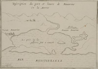 &quot;Description du port et haure de Nauarins En la Morree&quot;. Άποψη του κόλπου του Ναυαρίνου. Ασπρόμαυρη χαλκογραφία.