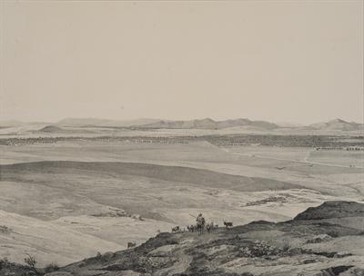 Άποψη του Ελαιώνα και του Πειραιά. Στο βάθος διακρίνεται η Σαλαμίνα. Λιθογραφία. Απο το λεύκωμα του Ferdinand Stademann &quot;Panorama von Athen&quot;, Μόναχο, 1841.