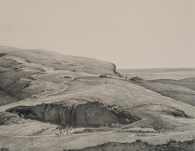 Ο Λόφος των Μουσών και η Πνύκα στην Αθήνα. Διακρίνεται η νήσος Ύδρα και και η νότια Αργολίδα. Λιθογραφία από το λεύκωμα του Ferdinand Stademann &quot;Panorama von Athen&quot;, Μόναχο, 1841.