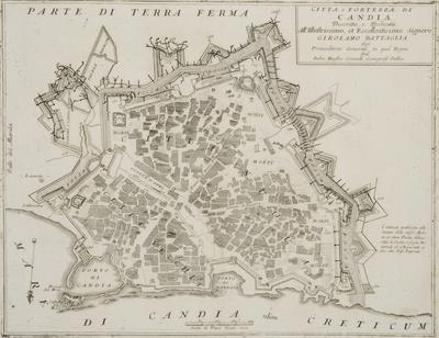 &quot;CITTA, e FORTEZZA DI CANDIA&quot;. Άποψη του φρουρίου και της πόλης του Χάνδακα. Ασπρόμαυρη χαλκογραφία, Vincenzo Coronelli.