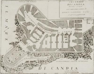 &quot;CASTELLO DI CANDIA&quot;. Άποψη του φρουρίου του Ηρακλείου. Ασπρόμαυρη χαλκογραφία, Maria Vincenzo Coronelli.