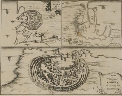 &quot;AFBEELDING DER OUDE STAD RHODUS ou Description de la Vieille Ville de RHODE./ PLATTE GRONT DER STAD RHODUS.- Plan de RHODE./ DE HEDENDAEGSCHE STAD en HAVEN van RHODUS. -LA VILLE et le PORT de RHODE co&quot;. Απεικόνιση της πόλης της Ρόδου. Ασπρόμαυρη χαλκογρα