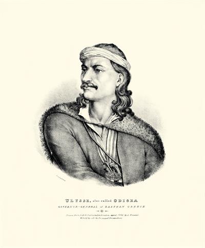 Ο Οδυσσέας Ανδρούτσος, αρχηγός των στρατιωτικών δυνάμεων της Στερεάς Ελλάδος κατά την Ελληνική Επανάσταση. Λιθογραφία του Adam Friedel από το λεύκωμα &quot;The Greeks. Twenty four portraits, (in four parts of six portraits each), of the principal leaders and p