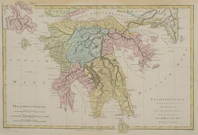 &quot;ΠΕΛΟΠΟΝΝΗΣΟΣ /PELOPONNESUS EXHIBITING the Travels of ANACHARSIS bewteen the Years CCC.LXIII &amp; CCC.LVI BEFORE CHRIST&quot;. Χάρτης της Πελοποννήσου. Επιχρωματισμένη χαλκογραφία, E. Bourne, E. Baker, Wilkinson R., Λονδίνο, 1803.