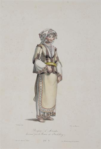 Βοσκοπούλα από την Αρκαδία με τοπική ενδυμασία. Λιθογραφία του Stackelberg από το λεύκωμα &quot;Costumes et Usages/Des Peuples De La Grece Moderne/par le Baron O.M. de Stackelberg&quot;, Παρίσι, [1828].