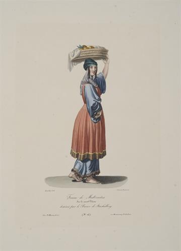 Γυναίκα από τη Μακρυνίτσα με τοπική ενδυμασία. Λιθογραφία του Stackelberg από το λεύκωμα &quot;Costumes et Usages/Des Peuples De La Grece Moderne/par le Baron O.M. de Stackelberg&quot;, Παρίσι, [1828].