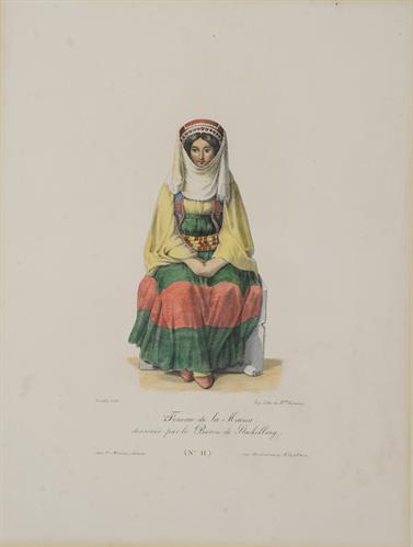 Γυναίκα από τη Μάνη με τοπική ενδυμασία. Λιθογραφία του Stackelberg από το λεύκωμα &quot;Costumes et Usages/Des Peuples De La Grece Moderne/par le Baron O.M. de Stackelberg&quot;, Παρίσι, [1828].