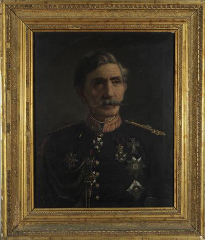 Προσωπογραφία του Δημ. Παπαδιαμαντόπουλου ή Στρατόλαου, ελαιογραφία σε μουσαμά του Σπυρίδωνος Προσαλέντη, 1878.
