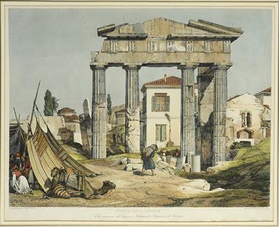 &quot;PORTA DELL&#039; AGORA&quot;. Η Πύλη της Αρχηγέτιδος Αθηνάς (Παζαρόπορτα) στη δυτική πλευρά της Ρωμαϊκής Αγοράς της Αθήνας. Επιζωγραφισμένη χαλκογραφία του Ιταλού σχεδιαστή και ζωγράφου Andrea Gasparini, Ρώμη, 1842.