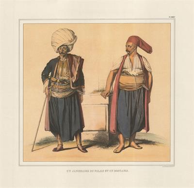 Γενίτσαρος του παλατιού και Μποσταντζής (κηπουρός). Επιζωγραφισμένη λιθογραφία του Louis Dupre από το λεύκωμα &quot;Voyage a Athenes et a Constantinople, ou collection de portraits, des vues et de costumes Grecs et Ottomans, peints sur les lieux, d ΄apres natu