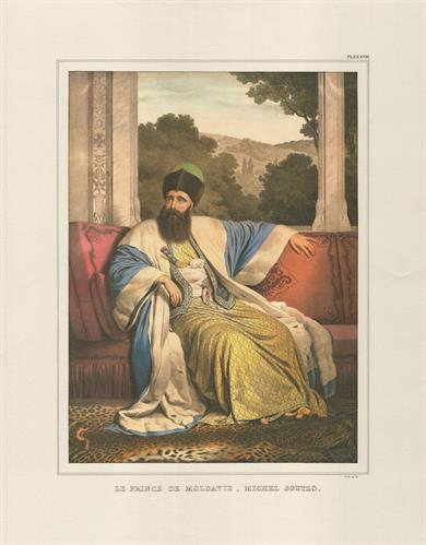 Ο πρίγκηπας της Μολδαβίας, Μιχαήλ-Βόδας Σούτσος. Επιζωγραφισμένη λιθογραφία του Louis Dupre από το λεύκωμα &quot;Voyage a Athenes et a Constantinople, ou collection de portraits, des vues et de costumes Grecs et Ottomans, peints sur les lieux, d ΄apres nature&quot;