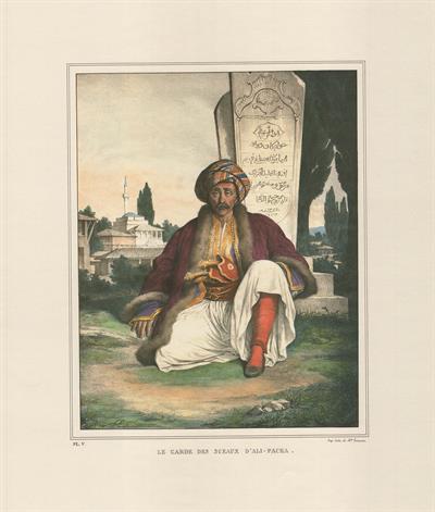 Σφραγιδοφύλακας του Αλή Πασά. Επιζωγραφισμένη λιθογραφία του Louis Dupre από το λεύκωμα &quot;Voyage a Athenes et a Constantinople, ou collection de portraits, des vues et de costumes Grecs et Ottomans, peints sur les lieux, d ΄apres nature&quot;, Παρίσι, 1825.