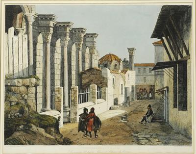 &quot;ESTERNO DEL PECILE O STOA&quot;.  Άποψη της Ποικίλης Στοάς στην Αρχαία Αγορά της Αθήνας. Επιζωγραφισμένη χαλκογραφία του Ιταλού σχεδιαστή και ζωγράφου Andrea Gasparini, Ρώμη, 1844.