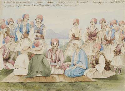 Επίσκεψη ευρωπαίων περιηγητών σε περιοχή της Οθωμανικής Αυτοκρατορίας. Υδατογραφία.