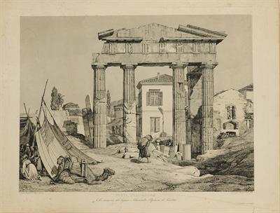 &quot;PORTA DELL&#039; AGORA&quot;. Η Πύλη της Αρχηγέτιδος Αθηνάς (Παζαρόπορτα) στη δυτική πλευρά της Ρωμαϊκής Αγοράς της Αθήνας. Χαλκογραφία του Ιταλού σχεδιαστή και ζωγράφου Andrea Gasparini, Ρώμη, 1843.