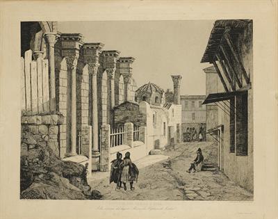 &quot;ESTERNO DEL PECILE O STOA&quot;.  Άποψη της Ποικίλης Στοάς στην Αρχαία Αγορά της Αθήνας. Xαλκογραφία του Ιταλού σχεδιαστή και ζωγράφου Andrea Gasparini, Ρώμη, 1844.