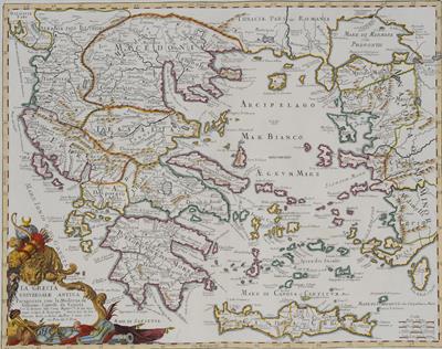 &quot;LA GRECIA UNIVERSALE ANTICA&quot;. Χάρτης της αρχαίας Ελλάδας, σε αντιπαραβολή με τη σύγχρονη, του 1683, Ελλάδα. Ασπρόμαυρη χαλκογραφία με επιχρωματίσεις, Giacomo Cantelli da Vignola, Giorgio Widman, Gio. Giacomo Rossi, Ρώμη, 1683.