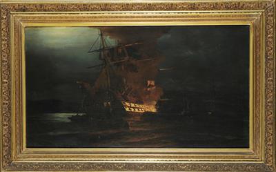 Νυχτερινή πυρπόληση Τουρκικού Δικρότου, ελαιογραφία σε μουσαμά του Κωνσταντίνου Βολανάκη.