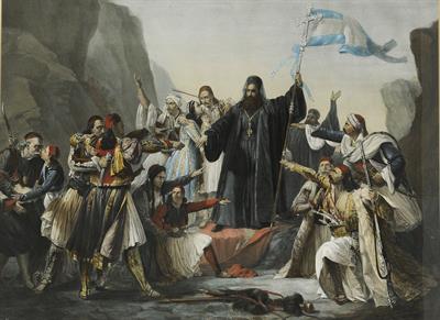 Ο Αρχιεπίσκοπος Παλαιών Πατρών Γερμανός υψώνει τη σημαία της Επανάστασης στα Καλάβρυτα. Επιζωγραφισμένη λιθογραφία του Ιταλού ζωγράφου Ludovico Lipparini, Βενετία.