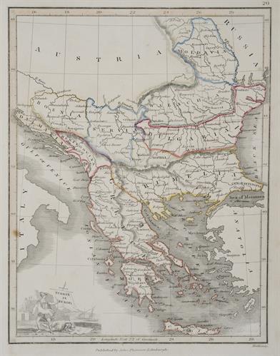 &quot;TURKEY IN EUROPE&quot;. Χάρτης της Ελλάδας και των υπόλοιπων ευρωπαϊκών επαρχιών της Οθωμανικής Αυτοκρατορίας. Ασπρόμαυρη χαλκογραφία με επιχρωματίσεις, Hewitt, John Thomson, Εδιμβούργο.