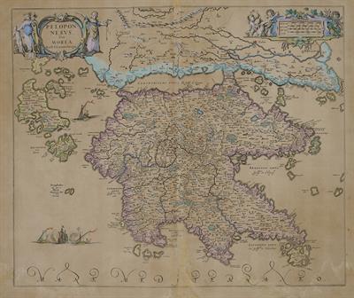 &quot;PELOPONNESUS; sive MOREA&quot;. Χάρτης της Πελοποννήσου. Ασπρόμαυρη χαλκογραφία με επιχρωματίσεις, J. Laurenberg.