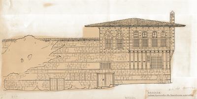 Βέροια, οικία Σιόρ Μανωλάκη. Αρχιτεκτονικό σχέδιο, πρόσοψη, αναπαραγωγή, της Πασχαλίδου - Μωρέτη Αλεξάνδρας για τον Σύλλογο Ελληνική Λαϊκή Τέχνη, 1936