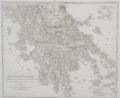&quot;GRIECHENLAND mit Beachtung der Klassischen Zeit&quot;. Χάρτης της Ελλάδας. Ασπρόμαυρη χαλκογραφία, Nach Guilleminot, Pouqueville u. A. Entw. U. gez. V. Ad. St./ Nebst einem Kommentar fur Orogr. Hydrogr. U. Nomenklatur des Alterth. / Gotha bei Justus Perthes, 