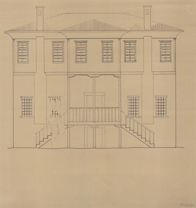 Γρεβενά. Αρχιτεκτονικό σχέδιο, πρόσοψη, αναπαραγωγή, του Δημήτρη Μωρέτη για τον Σύλλογο Ελληνική Λαϊκή Τέχνη, 1937