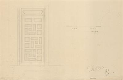 Έδεσσα, οικία Τριανταφυλλίδη. Αρχιτεκτονικό σχέδιο, όψη - κάτοψη - λεπτομέρειες πόρτας, προσχέδιο, του Βαλάτα Γ. για τον Σύλλογο Ελληνική Λαϊκή Τέχνη, 1937