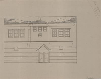 Έδεσσα, οικία Συρομάχου. Αρχιτεκτονικό σχέδιο, πρόσοψη, του Βαλάτα Γ. για τον Σύλλογο Ελληνική Λαϊκή Τέχνη, 1937